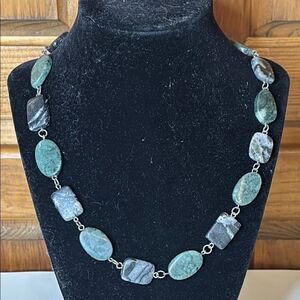 Single Strand Dark Green and Gray Stone Beaded Necklace 20”